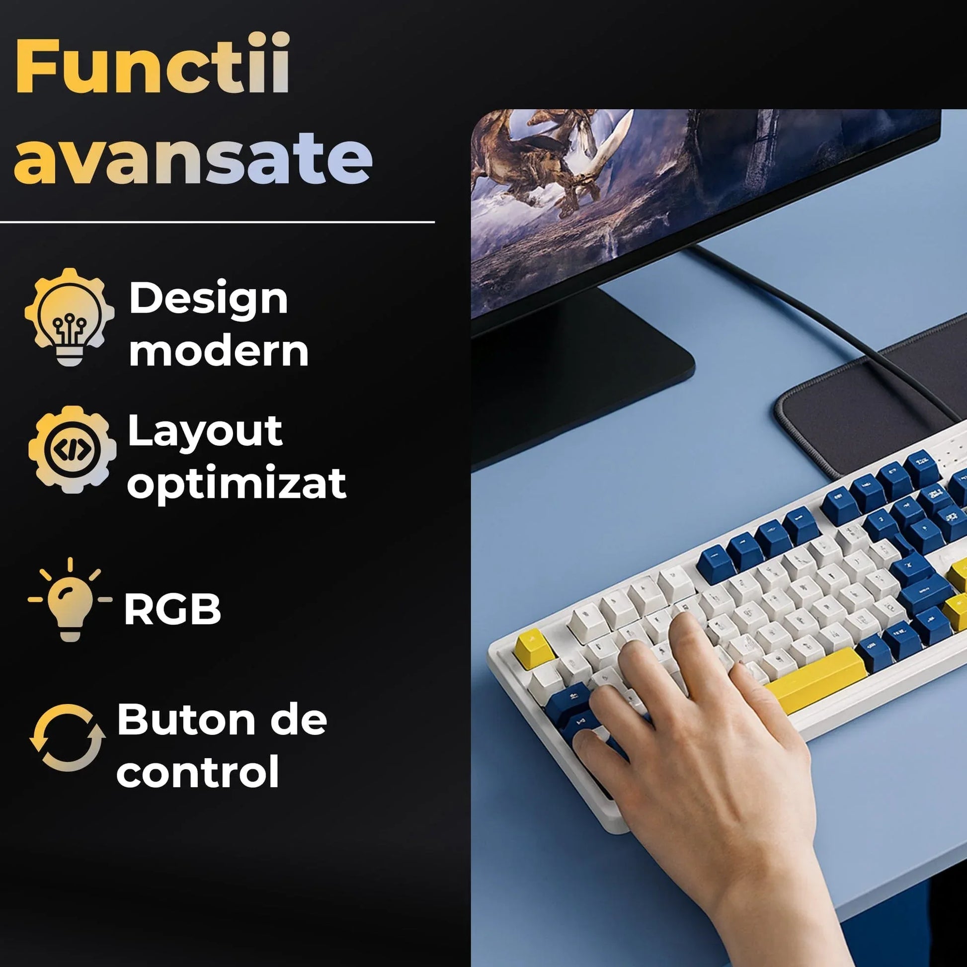 Tastatura cu fir Timebox, Iluminare RGB, Cablu 1,5 m, Plastic ABS, Suport gaming & office, Design slim, Compatibilitate Universala, Albastru/Galben - 221.ro
