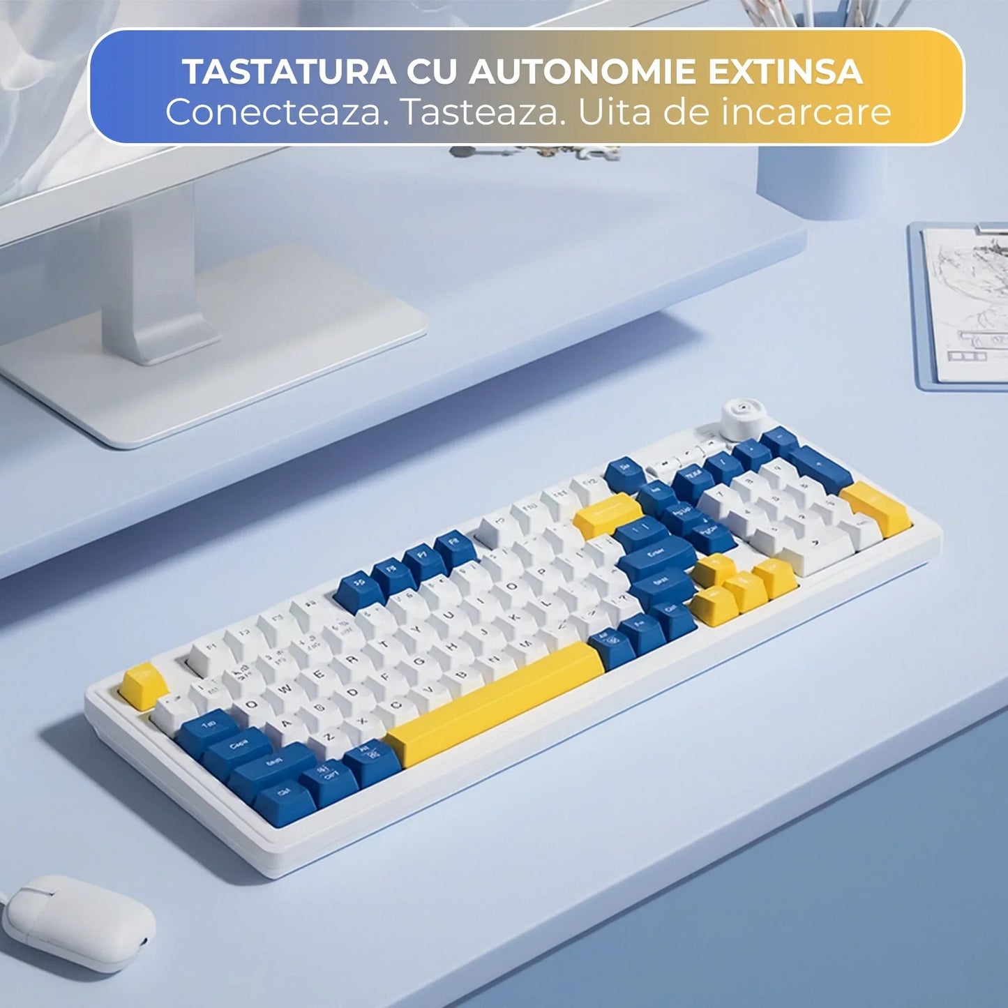 Tastatura cu fir Timebox, Iluminare RGB, Cablu 1,5 m, Plastic ABS, Suport gaming & office, Design slim, Compatibilitate Universala, Albastru/Galben - 221.ro