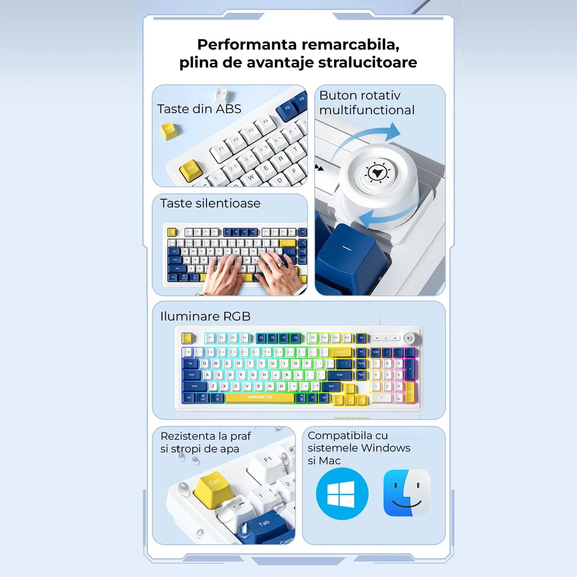 Tastatura cu fir Timebox, Iluminare RGB, Cablu 1,5 m, Plastic ABS, Suport gaming & office, Design slim, Compatibilitate Universala, Albastru/Galben - 221.ro