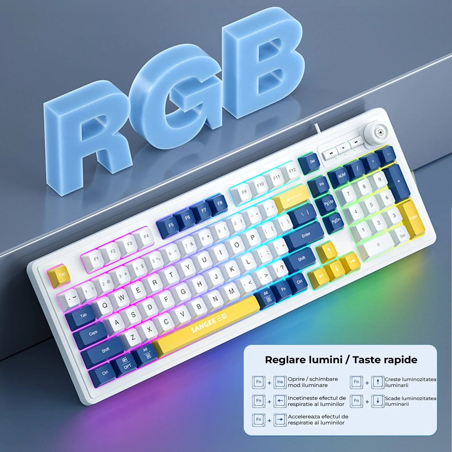 Tastatura cu fir Timebox, Iluminare RGB, Cablu 1,5 m, Plastic ABS, Suport gaming & office, Design slim, Compatibilitate Universala, Albastru/Galben - 221.ro