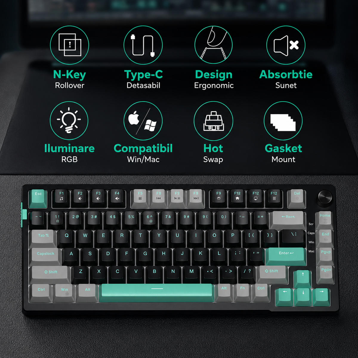 Tastatura Mecanica Gaming Timebox, Blue Switch, 75%, Hot-Swap, TKL, Negru