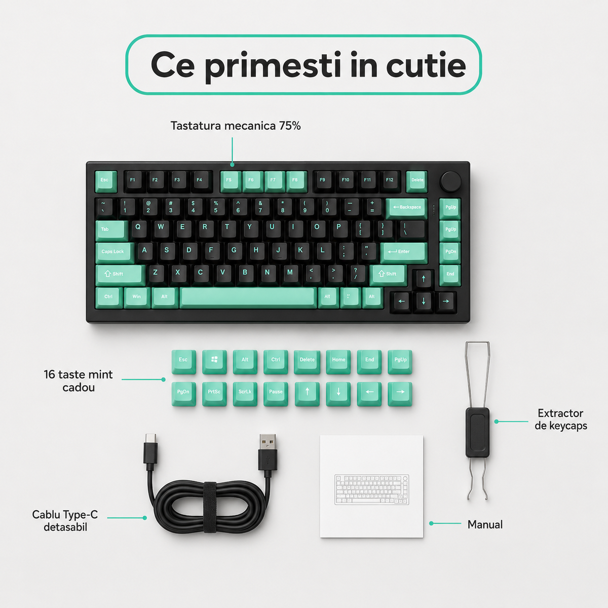Tastatura Mecanica Gaming Timebox, Blue Switch, 75%, Hot-Swap, TKL, Negru