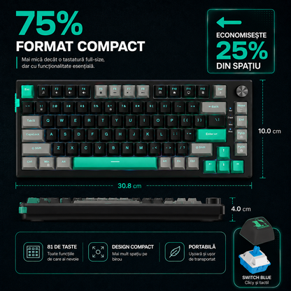 Tastatura Mecanica Gaming Timebox, Blue Switch, 75%, Hot-Swap, TKL, Negru
