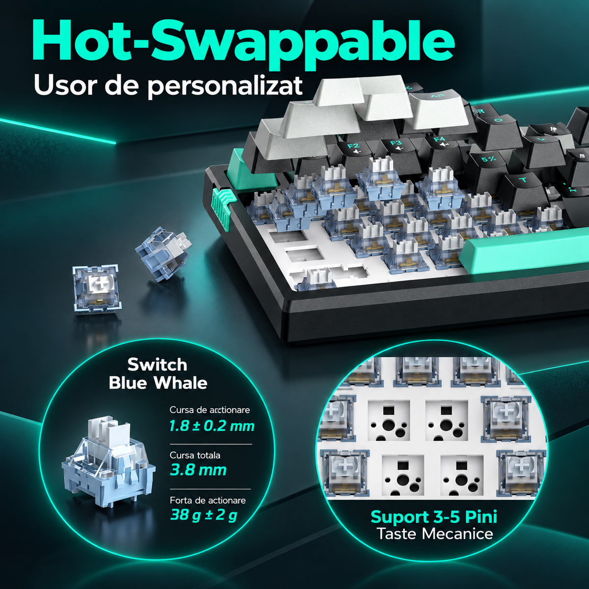 Tastatura Mecanica Gaming Timebox, Blue Switch, 75%, Hot-Swap, TKL, Negru