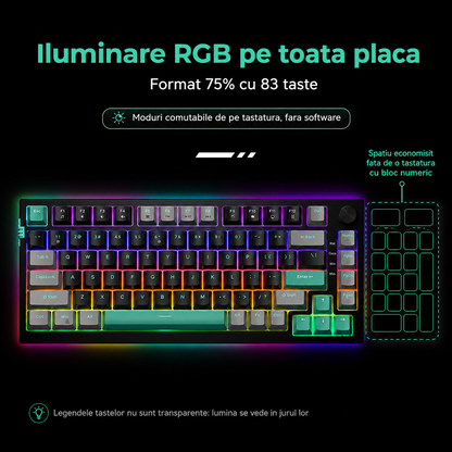 Tastatura Mecanica Gaming Timebox, Blue Switch, 75%, Hot-Swap, TKL, Negru