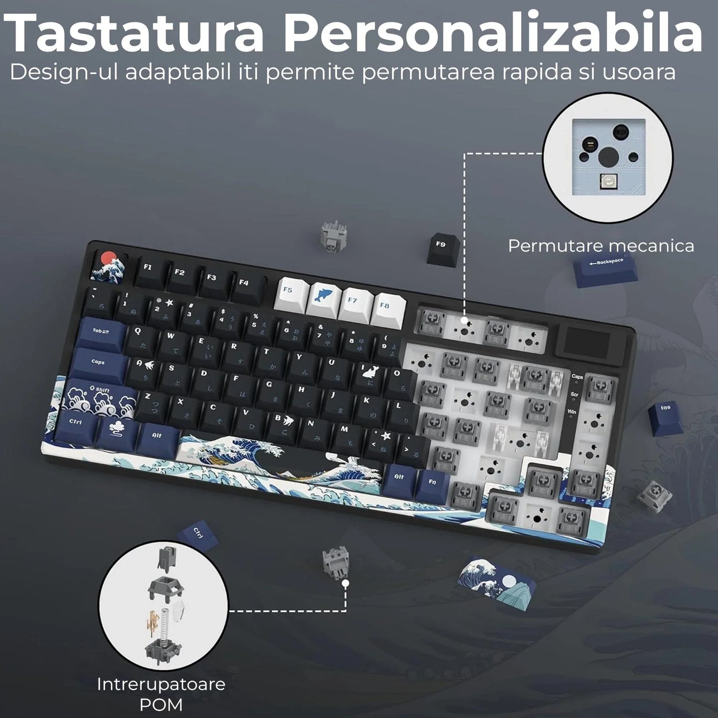 Tastatura mecanica gaming Timebox, 75%, Hot-Swap, Gasket, Negru