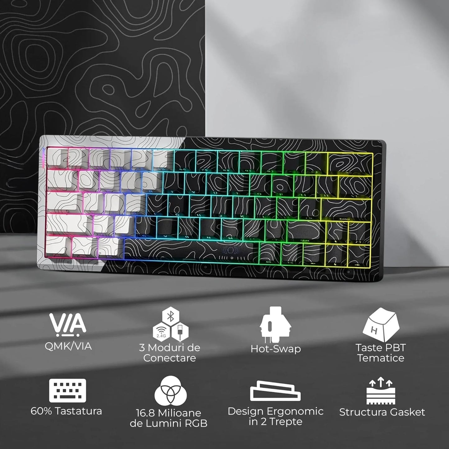 Tastatura mecanica wireless Timebox, 60%, Hot-Swap, Gasket, Alb