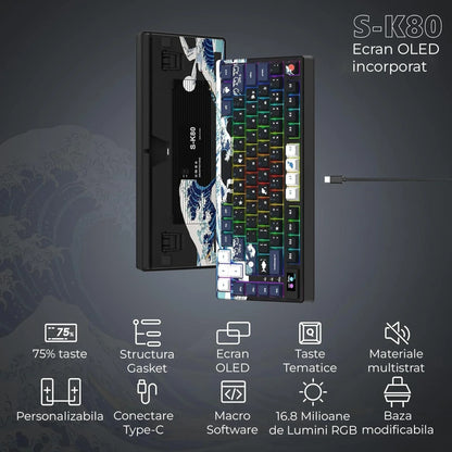 Tastatura mecanica gaming Timebox, 75%, Hot-Swap, Gasket, Negru